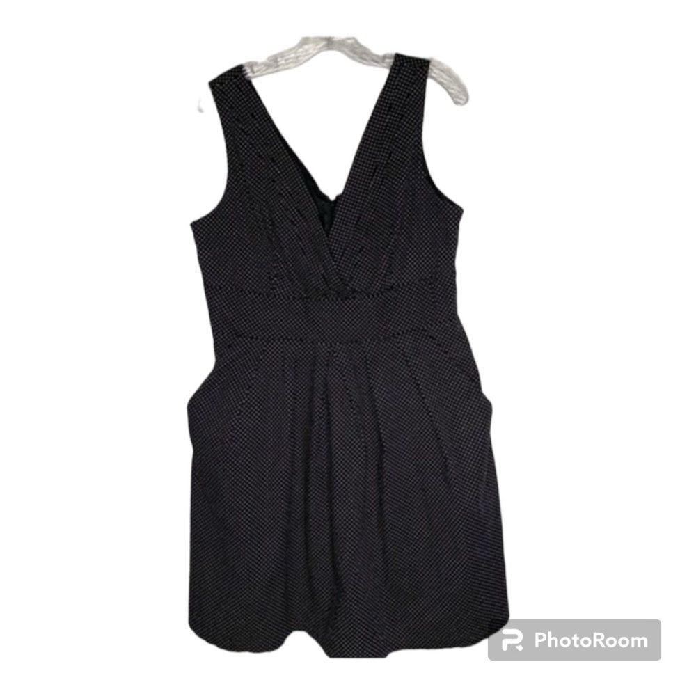 Corey P Black White Polka Dot Pleated Sleeveless V Neck Pocket Dress 16